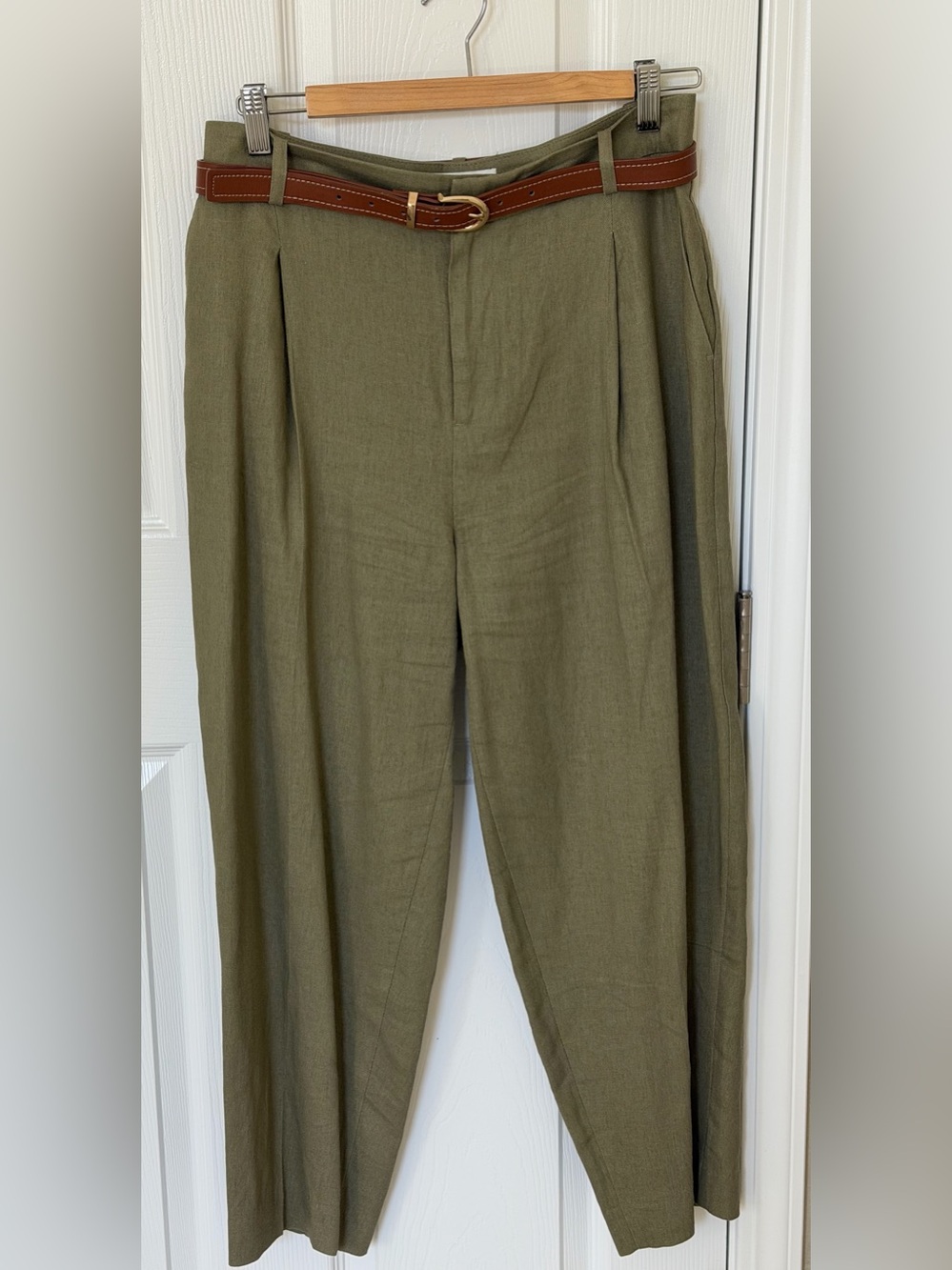 Zara Olive Green Pleated Chinos with Brown Belt